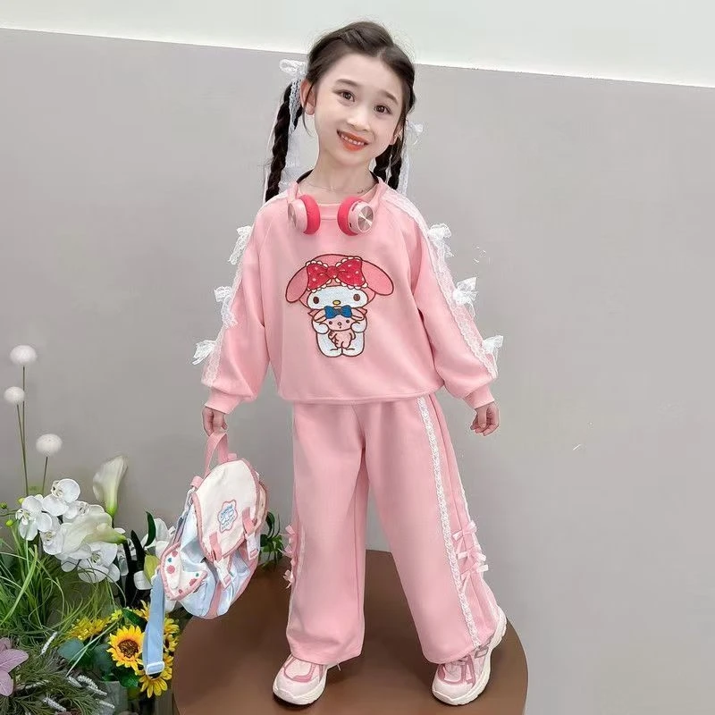 

Комплект одежды Sanrio для маленьких девочек, осенние толстовки с принтом Kid My Melody, пуловер, розовый топ и штаны, костюм из 2 предметов, детские спортивные костюмы