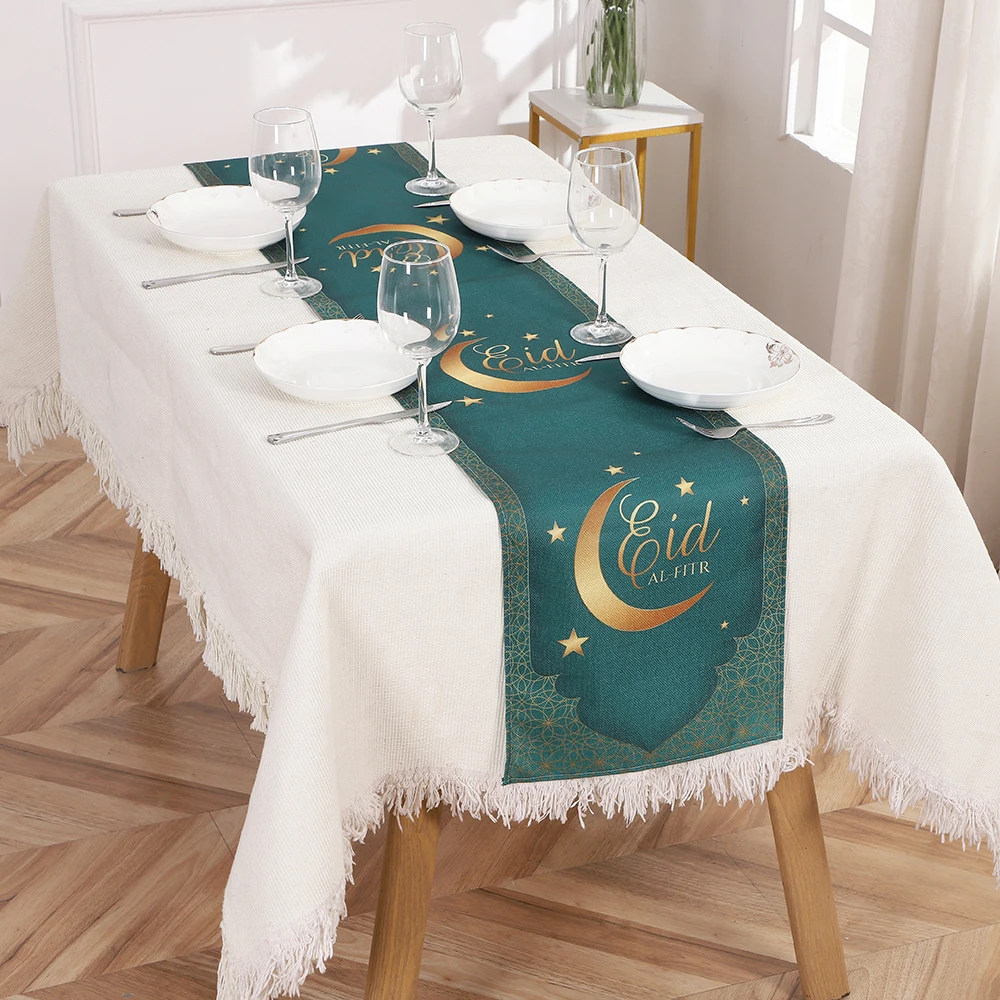 1 pc, printed table runner for Eid al Fitr, moon and star themed fabric decoration, festive themed party and dinner decoration