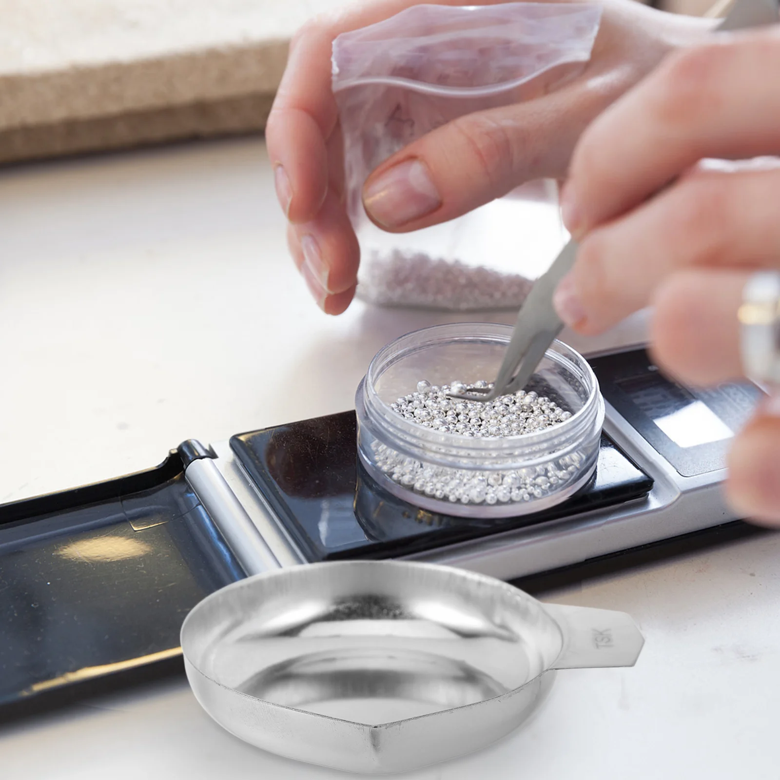 2 قطعة صواني مقياس الفولاذ المقاوم للصدأ حافة مستديرة وزن المقالي للمجوهرات موازين المطبخ الإلكترونية الرقمية أداة قياس الوزن #6