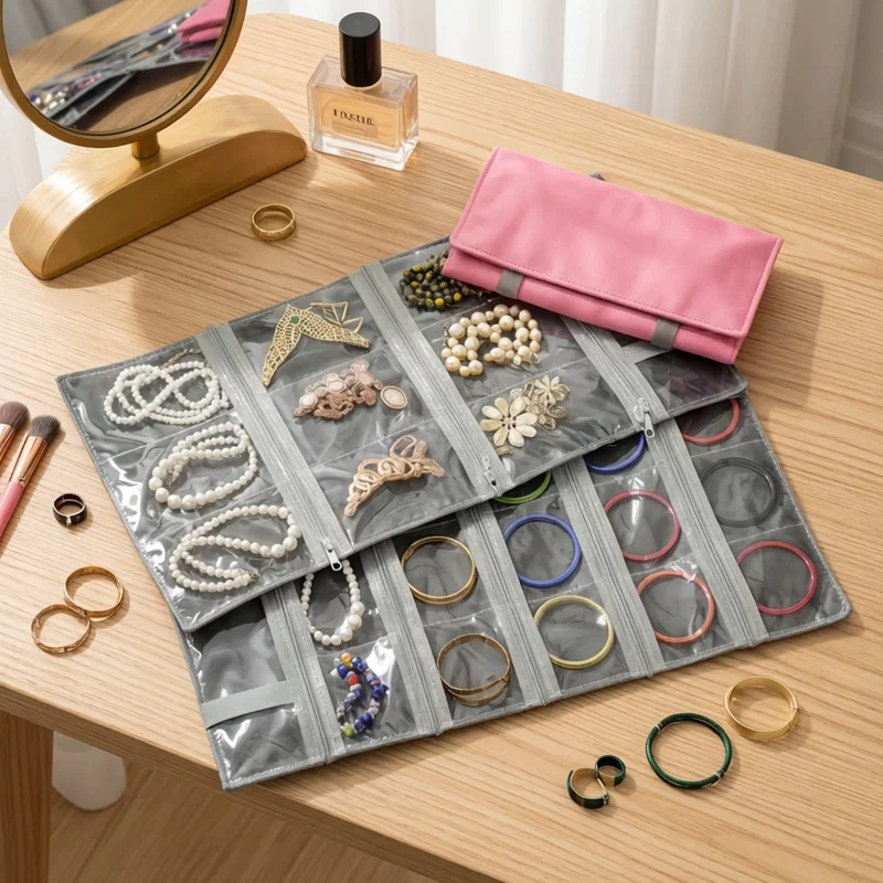 

Портативная пыленепроницаемая сумка-органайзер из ПВХ на молнии для хранения ювелирных изделий: колец, серег, подвесок, браслетов, с мягким флисовым отделением и разделителями