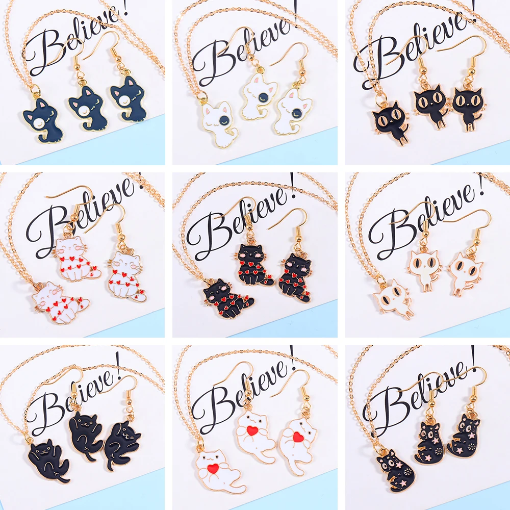 

3Pcs Fashion Enamel Cat Animal Earrings Choker Necklace Sets For Women Gifts Cute Necklaces Pendants Jewelry Dropshipping Colar