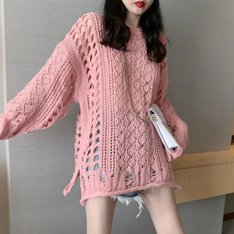 Stylish Hollow Out Loose Sweaters Women\'s Clothing Casual O-Neck Spring Autumn New Long Sleeve Basic Solid Color Knitted Jumpers