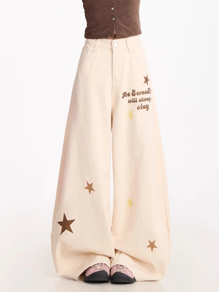 REDDACHiC Frauen Druck Stern Barrel Hosen Casual Lose Schriftzug Low Rise Taschen Breite Bein Grafik Hosen Vintage Y2k Streetwear