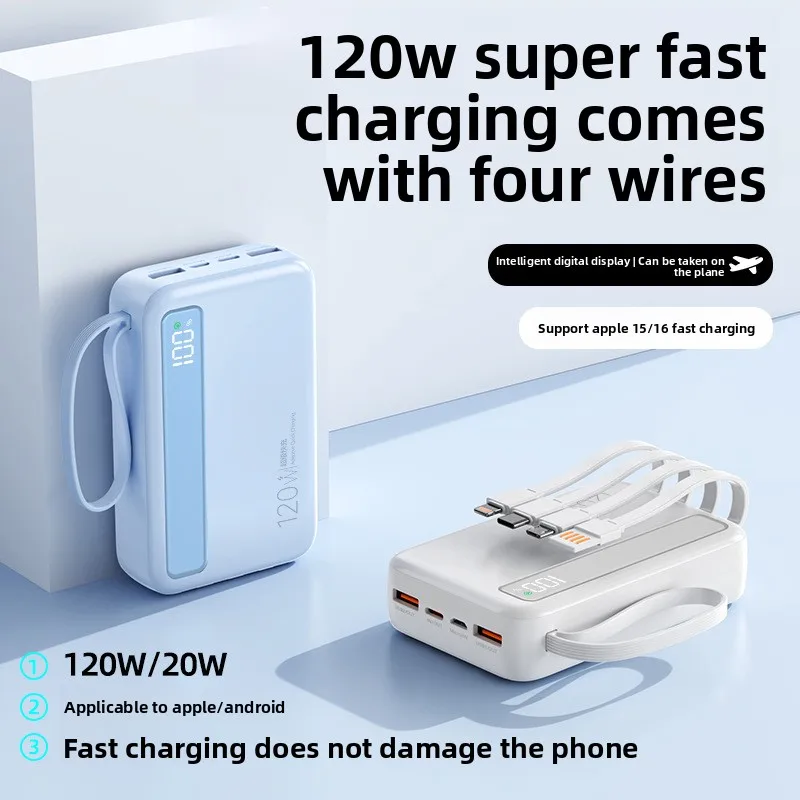 

Портативный внешний аккумулятор 20000 мАч с супербыстрой зарядкой 120 Вт, умным цифровым дисплеем и встроенным кабелем, большой емкости