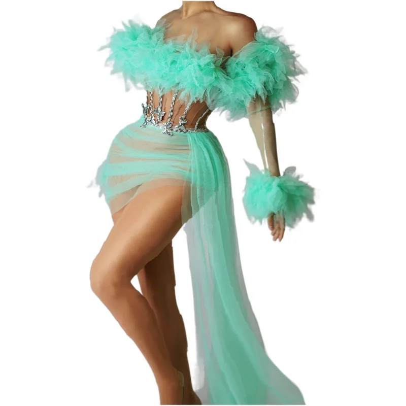 Banquet Shoulder Mesh Waist Feather Sequins Skinny Design Dress Short Skirt Buttocks Women's Troupe Stage Performance Abendkleid