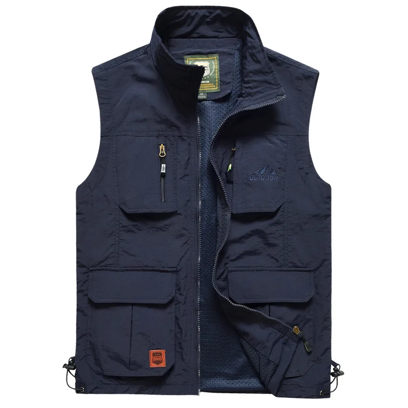 Spring and Autumn Men's Cardigan Gauze Stand Neck Solid Zipper Multi Pocket Letter Printed Vest Coat Fashion Office LadyTops