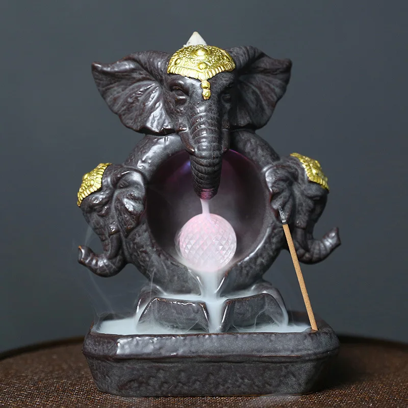 Cross-Border Ceramic Elephant Backflow Incense Burner Creative LED Light Elephant God Incense Burner Backflow Smoke Home Decorat