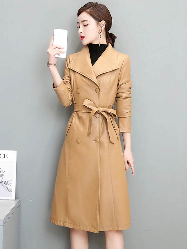 New Women Sheepskin Leather Coat Spring Autumn 2024 Chic Turn-down Collar Double Breasted Slim Waist Split Leather Overcoat