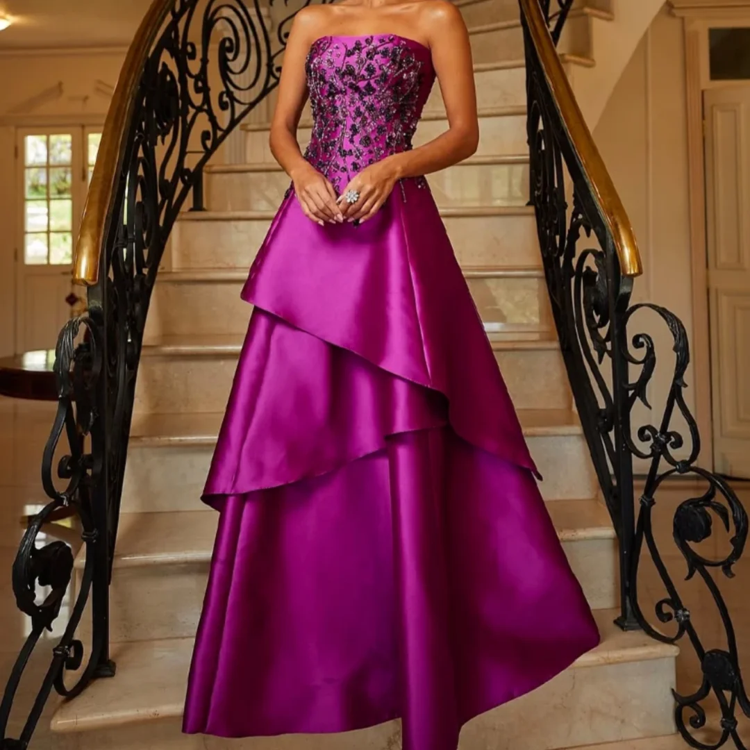 

Fashionable A-line Trendy Dresses for Bride Mother Pleat Strapless Crystals Formal Evening Dresses Customized