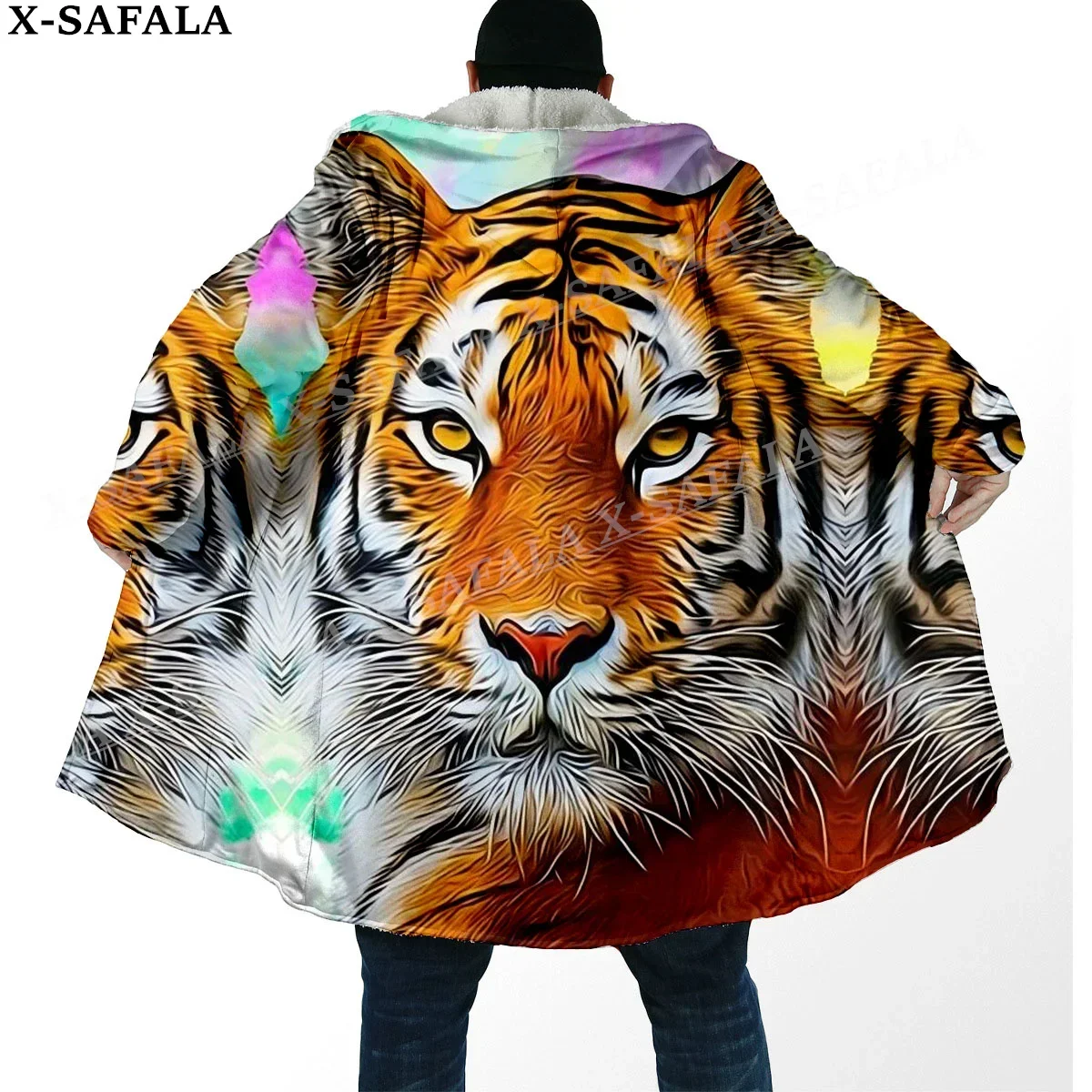 Mythology Tiger The King Spirit Thick Warm Hooded Cloak Men Overcoat Coat Windproof Fleece Cape Robe Hooded Blanket-78