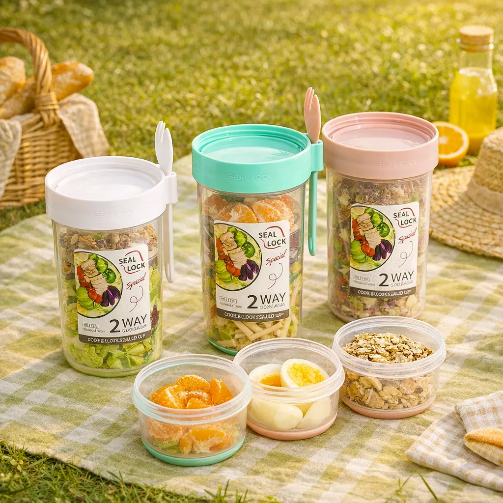 

Portable Fitness Weight Reducing Salad Cup Breakfast Fruit Oat Yogurt Cup Lid Spoon Outdoor Food Storage Picnic Bento Box