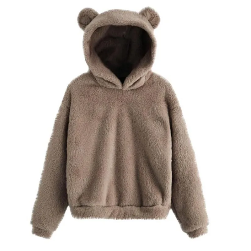 New Autumn and Winter Models Villus Bunny Ears Hoodie Warm Hooded Sweater Furry Pullover with A Hat Solid Color Cute Female