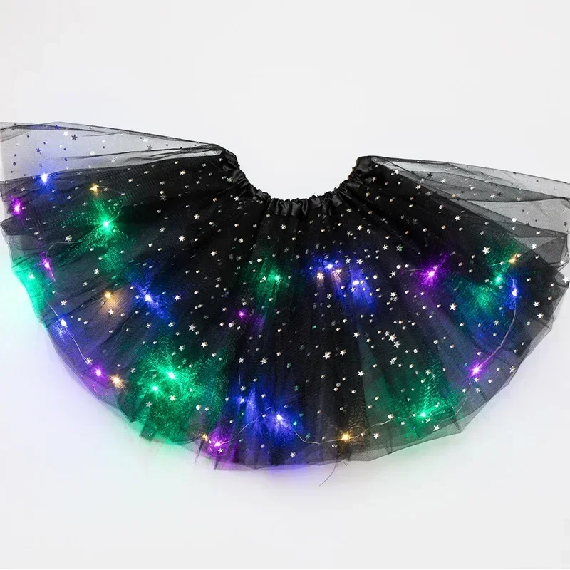 LED Glowing Light Girls Tulle Star Short Tutu Skirt Children Fancy Ballet Dancewear Party Costume Ball Gown Mini Skirt