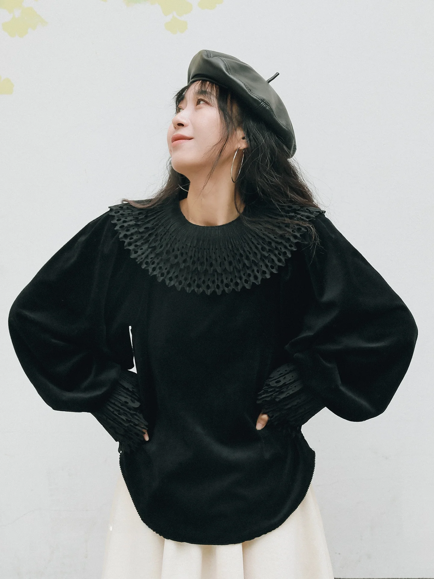 

Unique Design Thiened Double Layer Feather Lace Collar Doll irt French Sle Cotton Polyester Blend Warm Long Sve Wome...