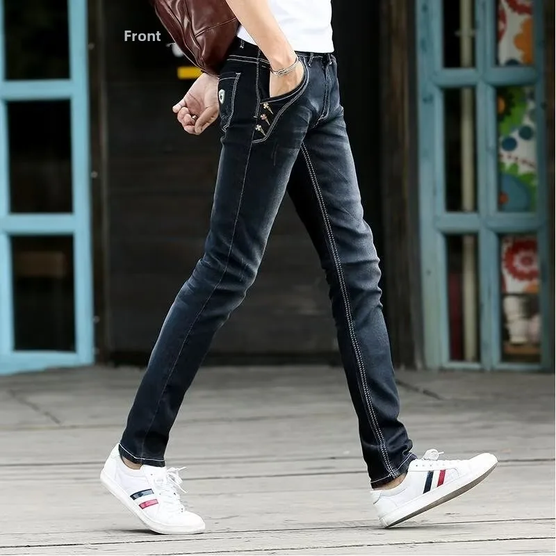 

Slim Fit Straight Leg Jeans Men's Elastic Youthful Cotton Denim Pants Business Long Trousers Trendy Korean Style Wear Resistant