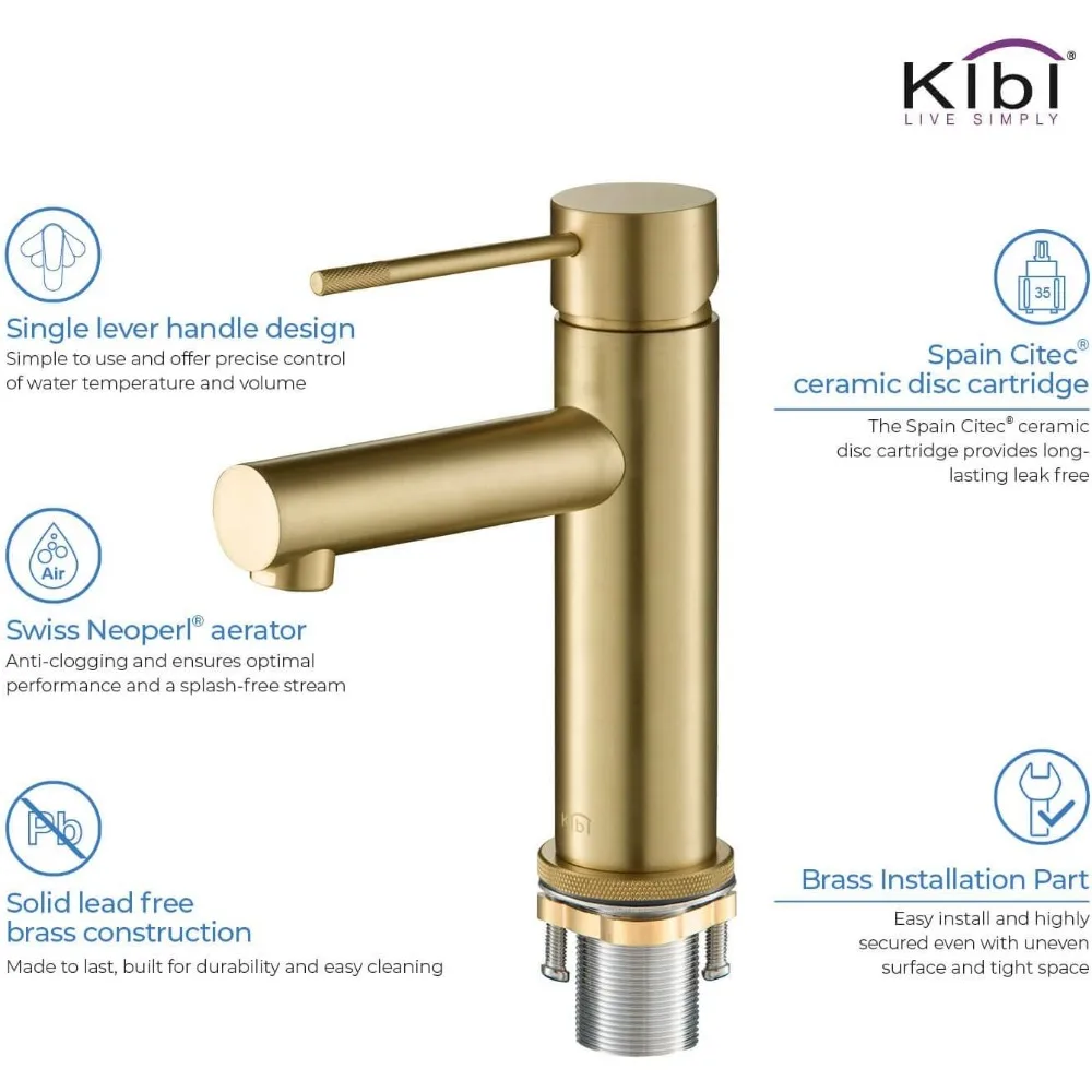 Keran Wastafel Kamar Mandi Kuningan dengan Tuas Tunggal, Pipa Keluar Tinggi, dan Pembuangan Pop-Up, Desain Melingkar untuk Wastafel Modern