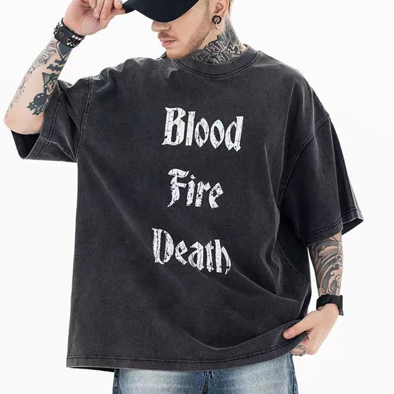 

Black Crack Letter Printing Blood Fire Deth T Shirts Wash Vintage Heavyweight Men Woman Good Quality Loose Top Tees