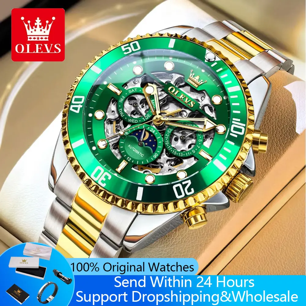 OLEVS 6715 Men's Watch Hollow Date Automatic Mechanical Watch For Men 43mm Big Dial Moon Phase Fashion Waterproof Man Wristwatch