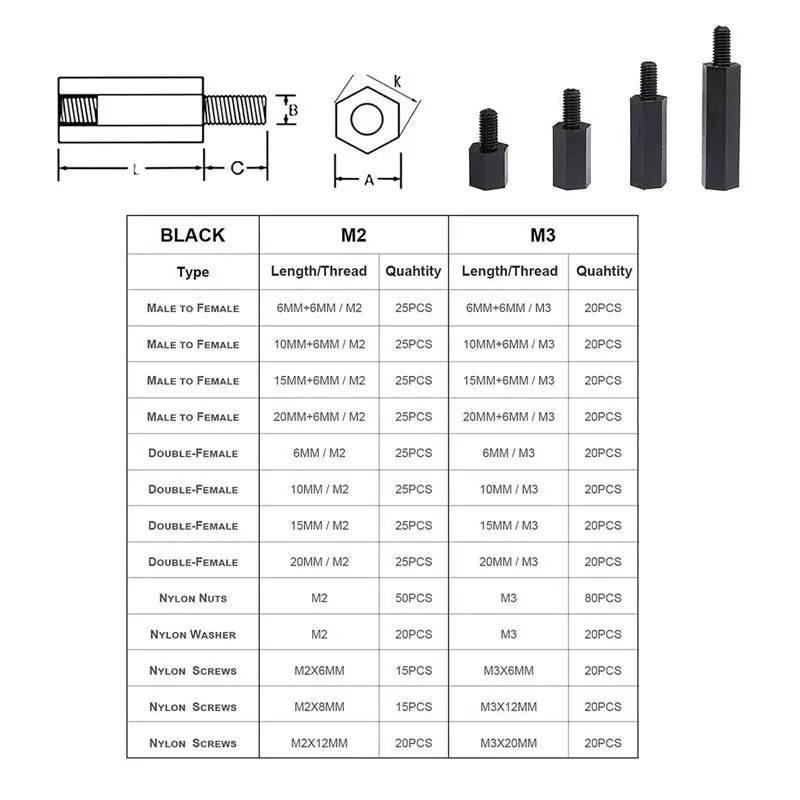 PZHI-320Pcs M2 Male Female Hex Nylon Spacer Standoff Screw Threaded Pillar PCB Motherboard Standoff Durable Easy Install Easy To