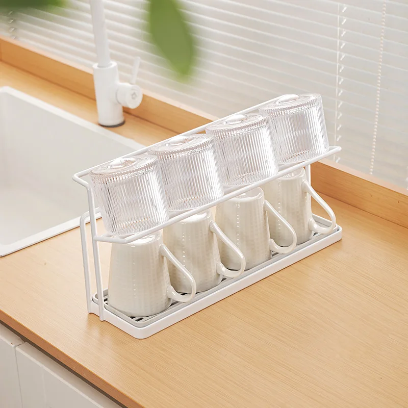

Double Layer Cup Organizer with Drain Tray, Countertop Storage Rack for Mugs & Glass Cups, Kitchen Counter Shelf Organizer