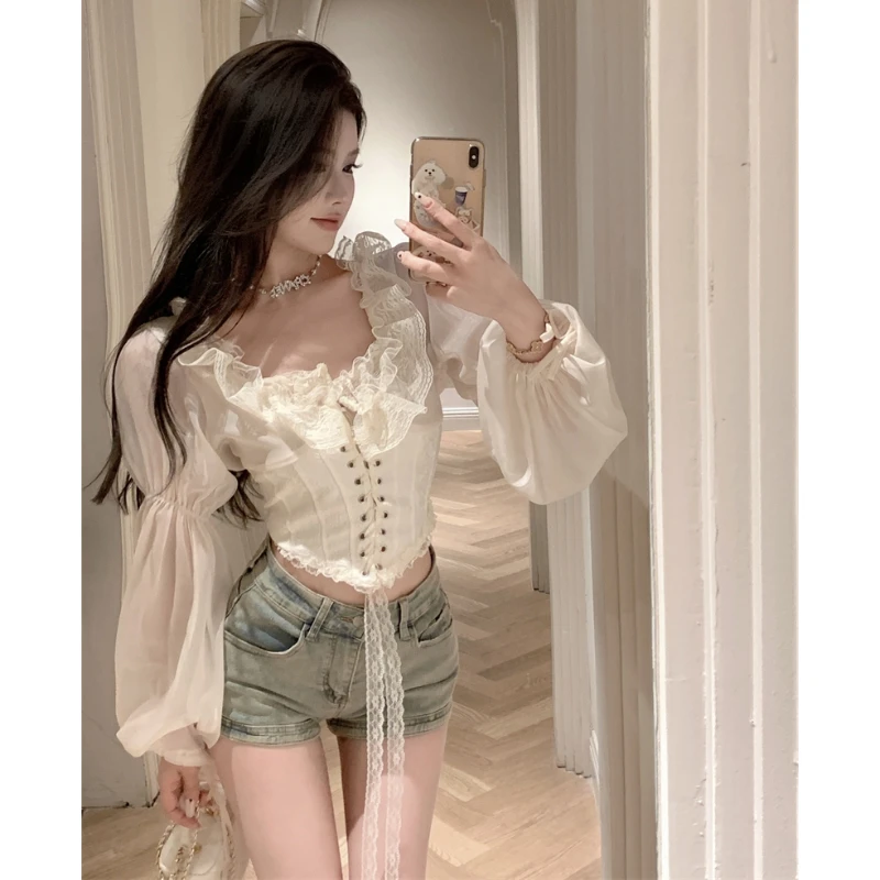 Design Sense One Shoulder Long Sleeved Top with Unique Straps Women's New Style Chiffon Shirt with Temperament Slim Fit Shirt