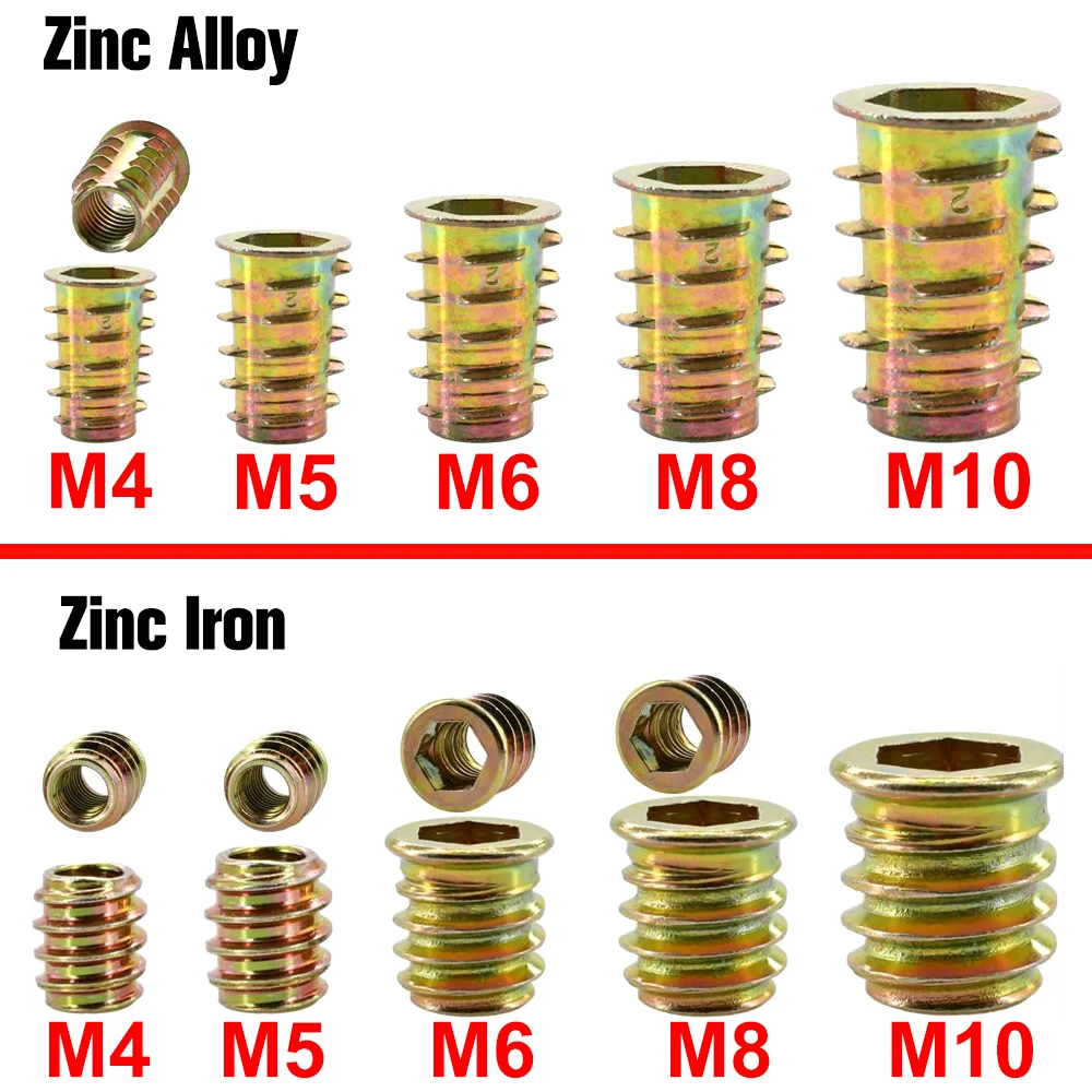 Zinc Alloy Furniture Insert Nut Woodworking Threaded Hex Drive Flange Embedded Nuts For Bed Chair Cabinet Table  M4 M5 M6 M8 M10