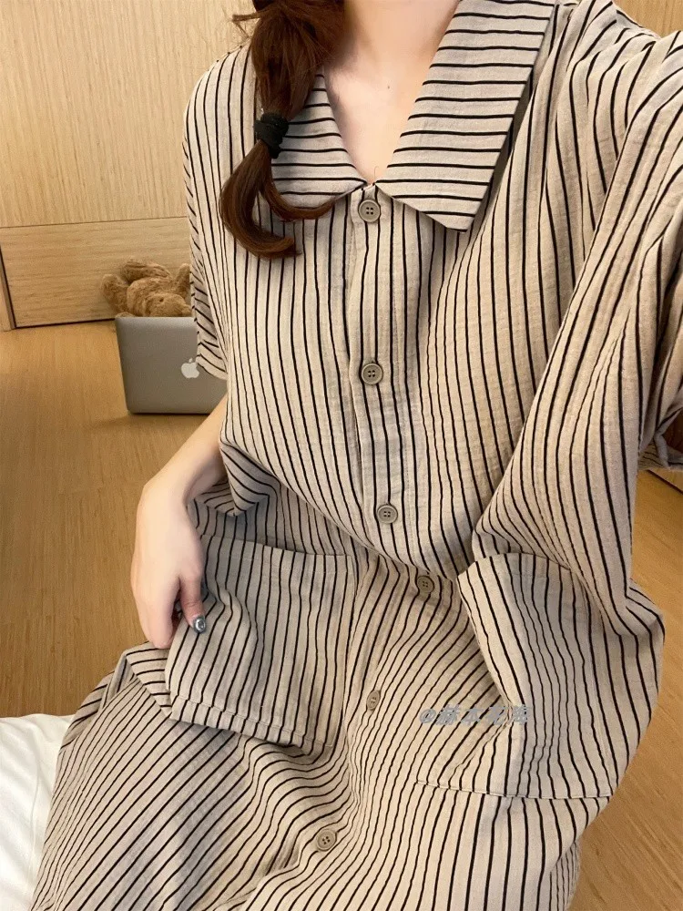 

Summer Casual Loose plus Size Striped ort Sve Spwear Korean Sle Student Home Clothes Women's Comfortable Nightgown