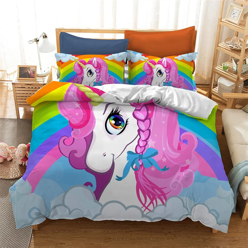 Printed Cute Unicorn White Comforter Bedding Sets Full Size Five Stars Flowers Cartoon Bedding Duvet Cover Sets Kids Single