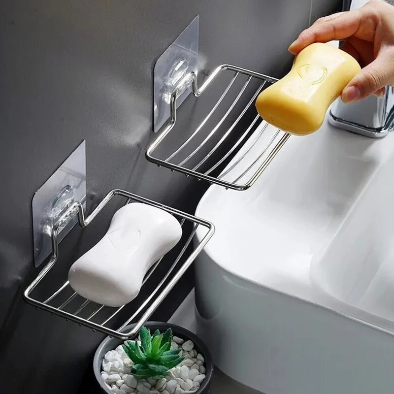 

Stainless Steel Soap Rack Soap Box Light Luxury Shelf Punch-free Nail-free Bathroom Single Layer Drain Wall Hanging
