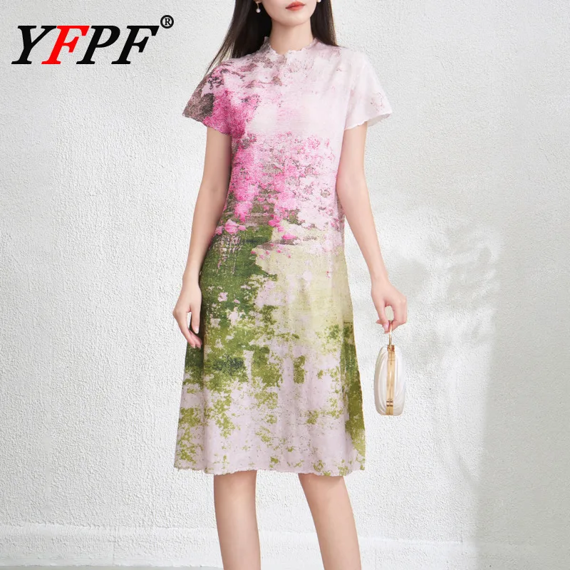 

YFPF Contrast Color Printing Dress Women Fashion Short Sleeve Mid Length Casual Dresses Pleated 2025 Summer New Clothing