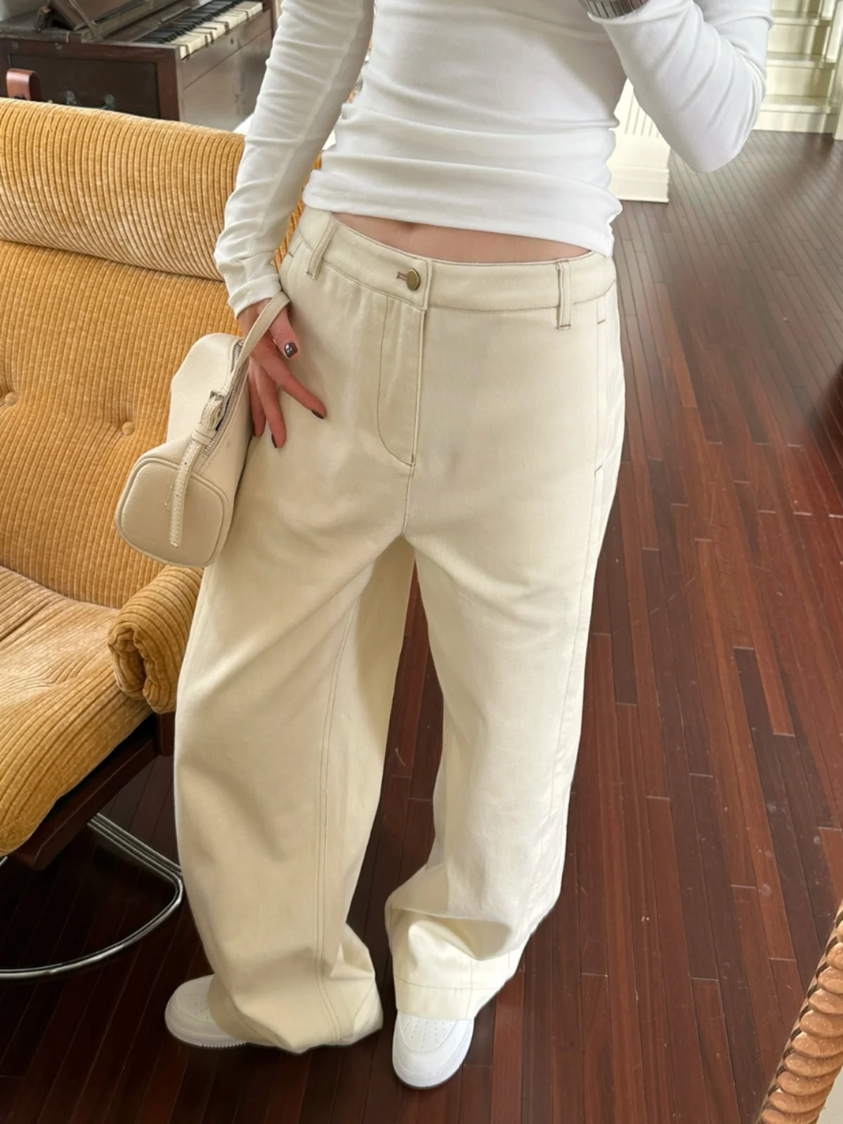 

Женские широкие повседневные джинсы с высокой талией, осень-зима, белые брюки свободного покроя, драпированные прямые брюки, размер подставки