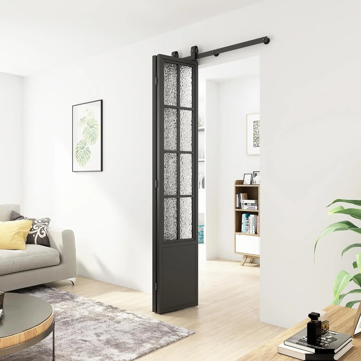 33.5 X 84in Bi-fold Sliding Barn Door, Assembled Black Metal Framed Acrylic Glass Bi Folding Closet Door,(Not Include Bifold )