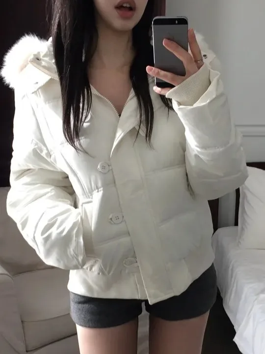 

Korean Sle Hooded Cotton Jaet Fur Collar Women's Autumn Winter New Faion Design ort Warm Cotton Clothes