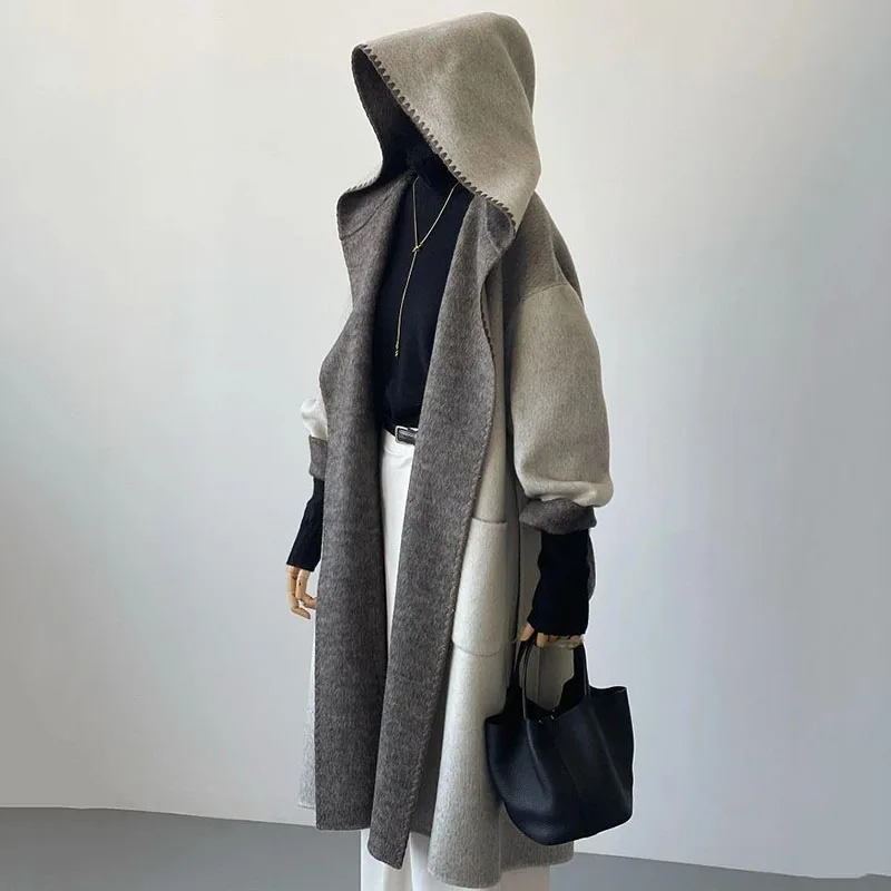 

New Women's Mid-length Grey Woolen Coat Stitching Contrast Color Cape Jacket Autumn Winter 2024 Hooded Top Y2K Wool Outwear Lady