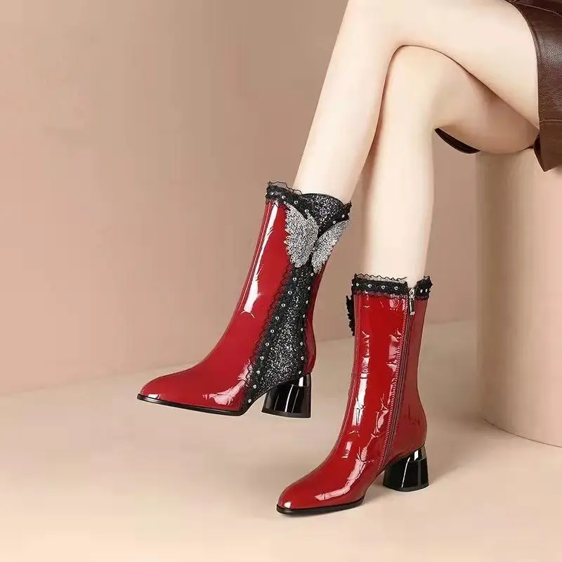 FHC Sexy Women Ankle Boots,High Heels Botas,Winter Shoes Short Booties,Rhinestone Bowtis,Pointed Toe,Side Zip,35-42,Red,Dropship