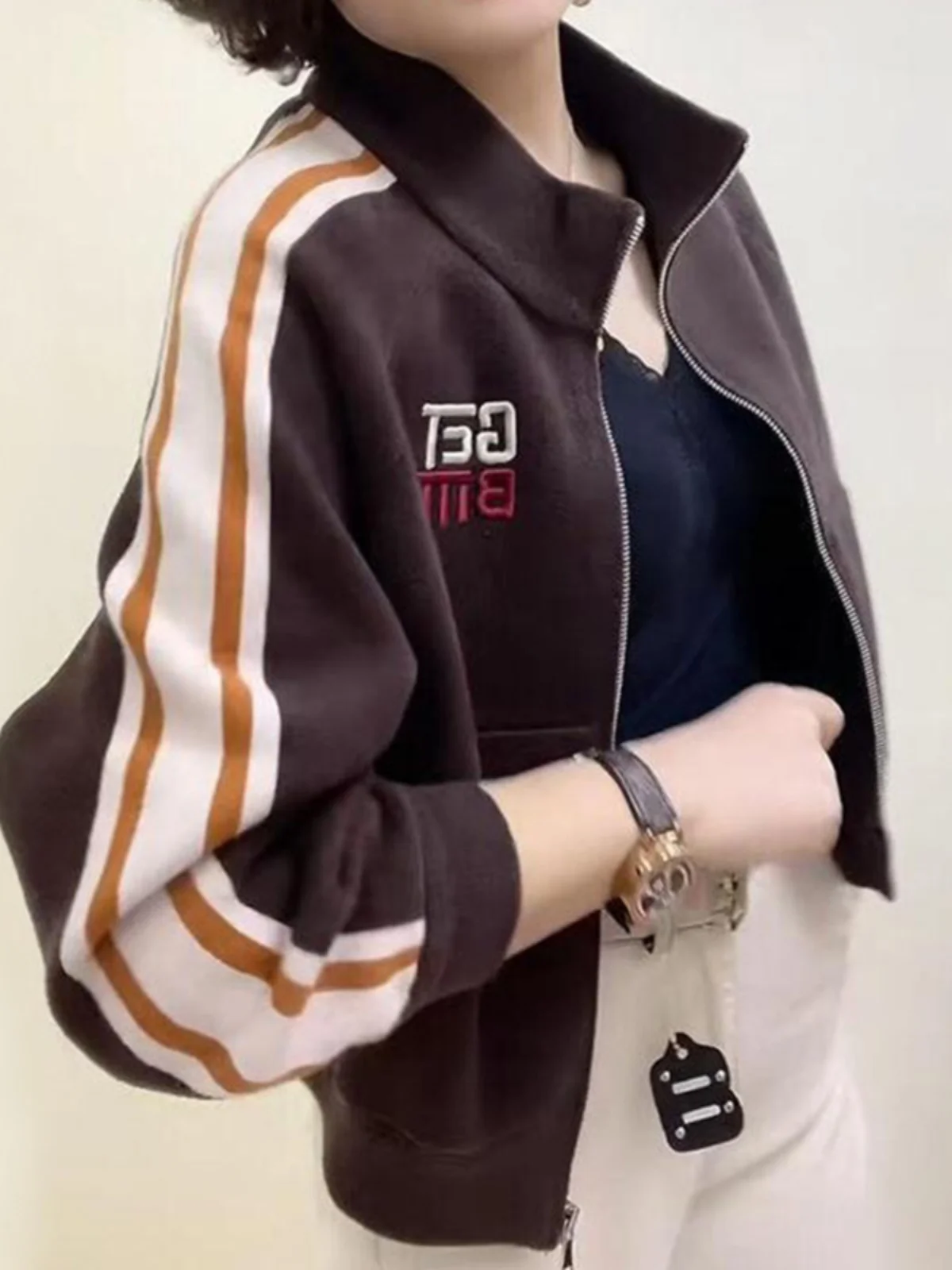Ele Wine Red Stand Collar ort Baseball Jaet Women's Spring Autumn Large Size Faionable European Sle Top