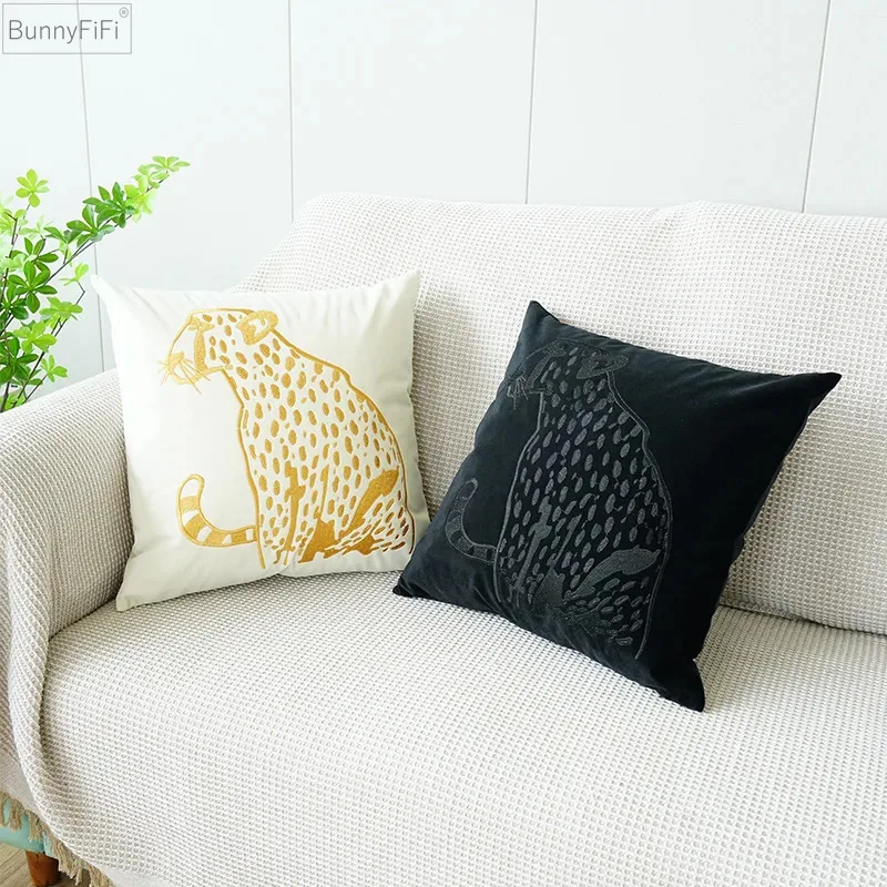 

Black White Lepord Embroidery Pillow Cover Home Decoration Cushion Cover Velour Pillowcase Living Room Sofa Pillow 45x45cm