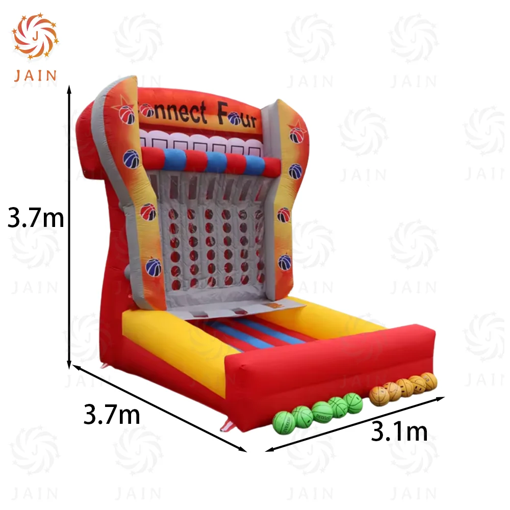 Nadmuchiwany kosz do koszykówki na wynajem na imprezy, nadmuchiwana gra Connect 4 z koszykówką, strzelanie do tarczy z dmuchawą na imprezy plenerowe.