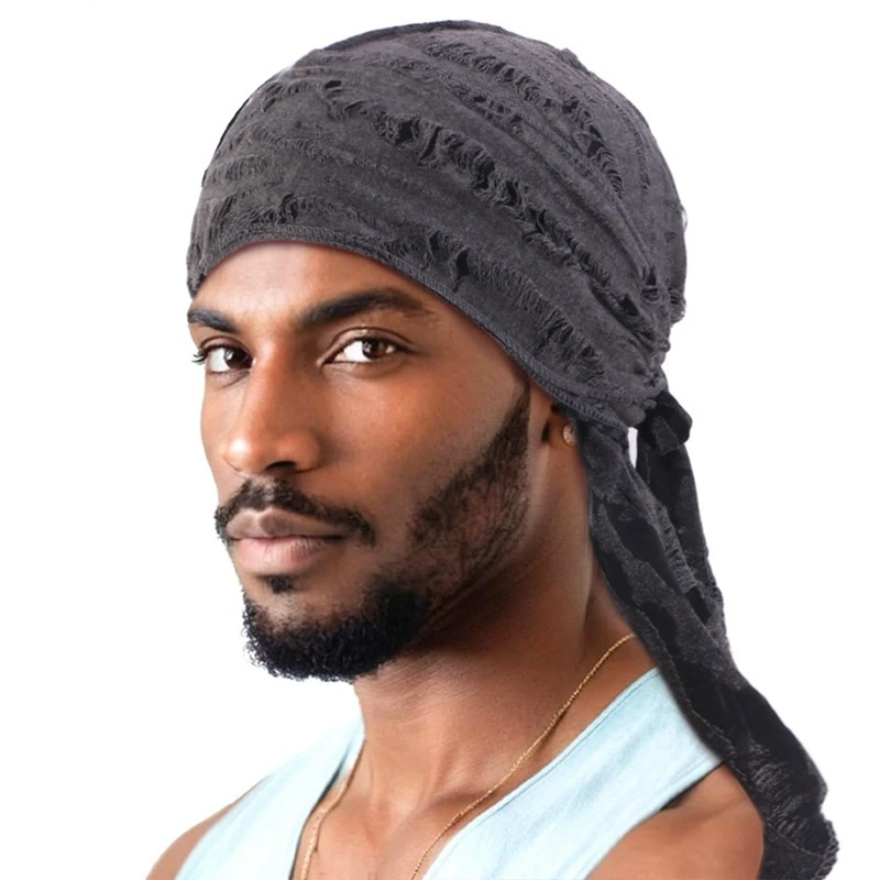

New Vintage hole Cotton Durag Headband Unisex Hip Hop Bandana Long Tail Pirate Cap for Men Trendy Head Wraps Cycling Head Scarf
