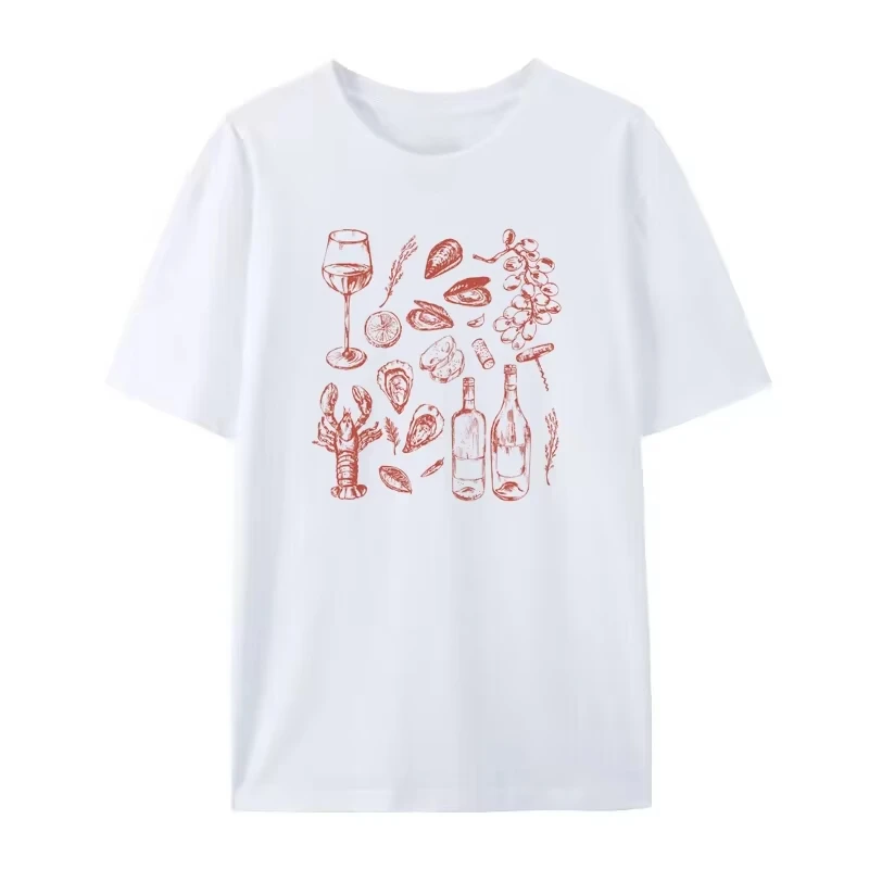 Women Retro Style Italian Seafood Print T-Shirt Vintage Aesthetic Oyster Lobster T Shirt Cute Foodie Shirt Loose Vacation Tops