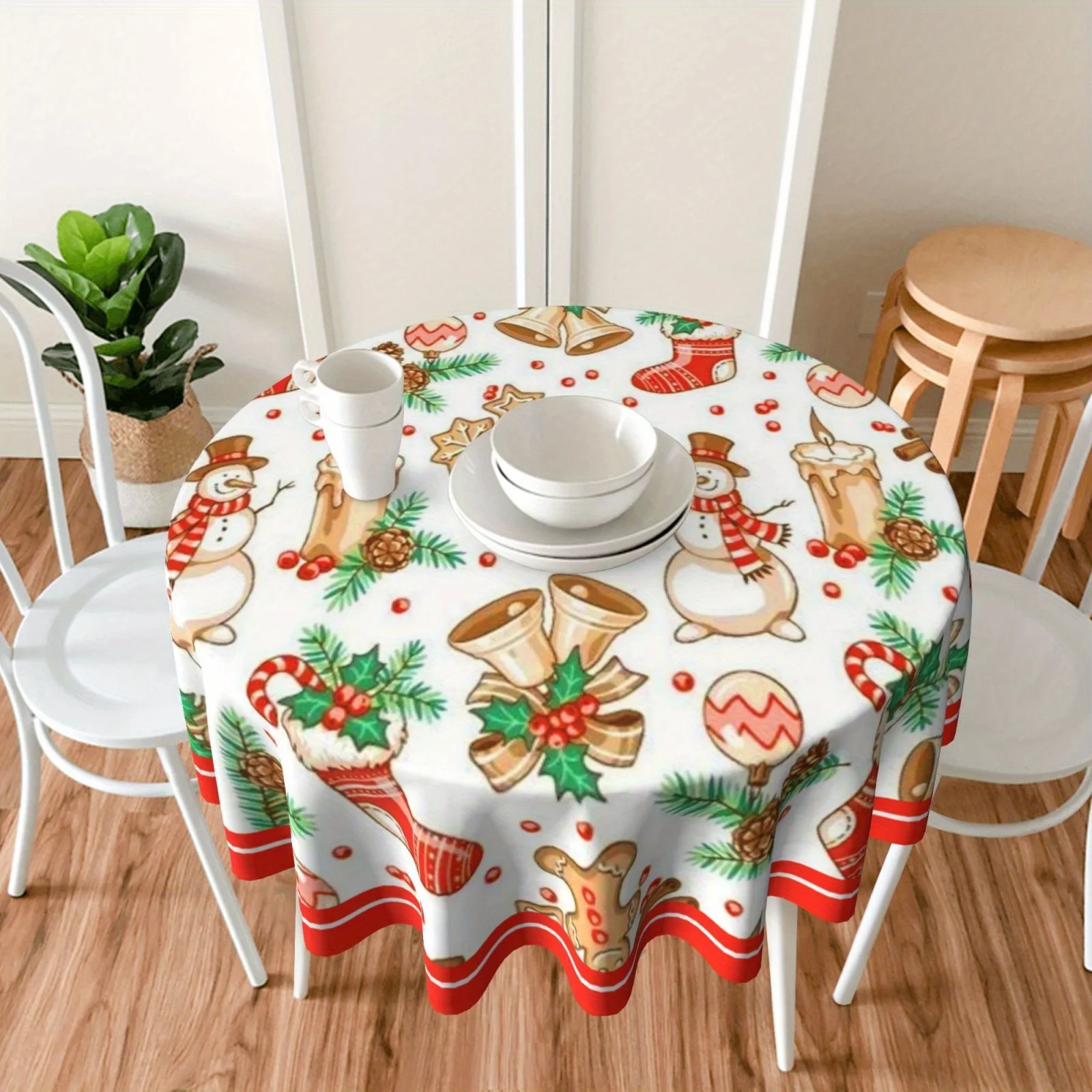 Gingerbread Christmas Round Tablecloth Washable Polyester, Holiday Party Home Kitchen Decor with Snowman Santa