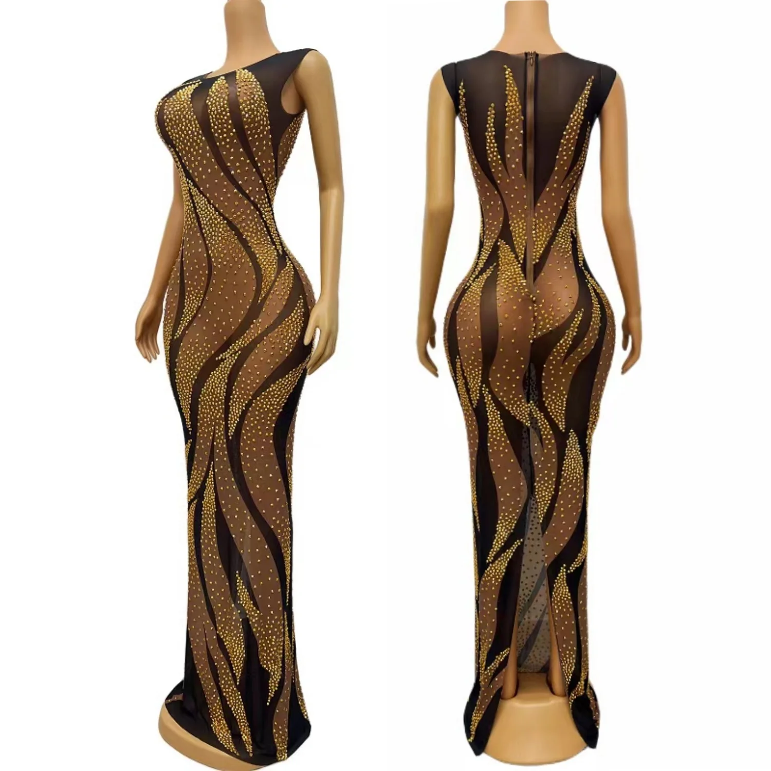 Women Sexy Couture Sparkly Rhinestone See Through Mesh Evening Gown Birthday Celebrate Prom Photo Shoot Long Dress Xiangweishe