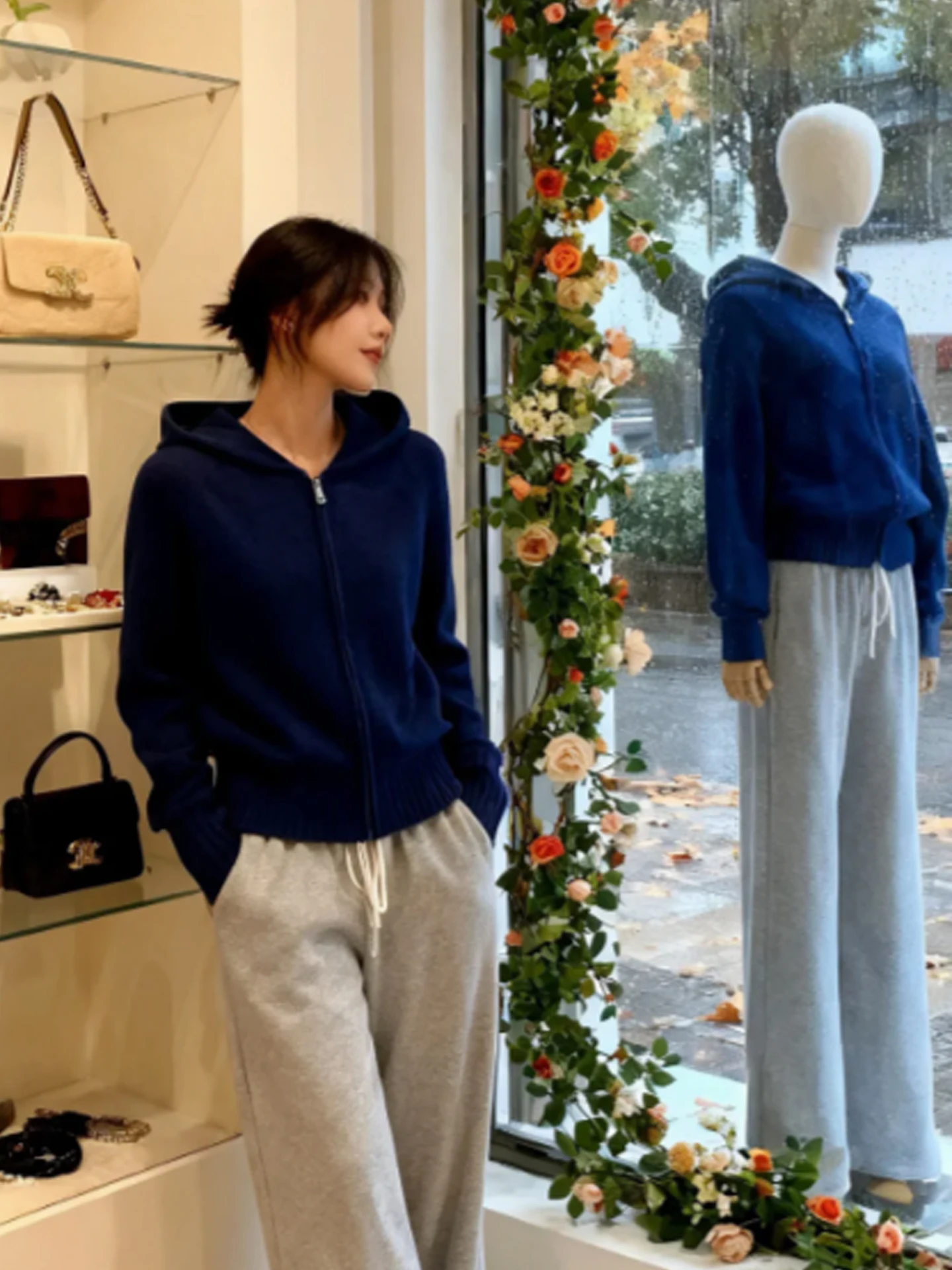 

Свободный женский вязаный кардиган королевского синего цвета с капюшоном и молнией, осенне-зимний модный повседневный теплый топ