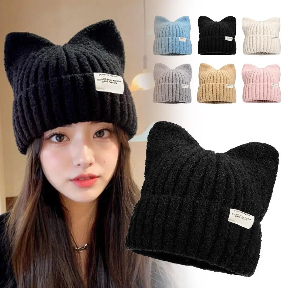 Damen Winter Niedliche Katzenohren Mütze Pullover Strickmützen Warme Gehörschutzkappe Vielseitige Kpop-Stil Straßenhüte Strickmützen