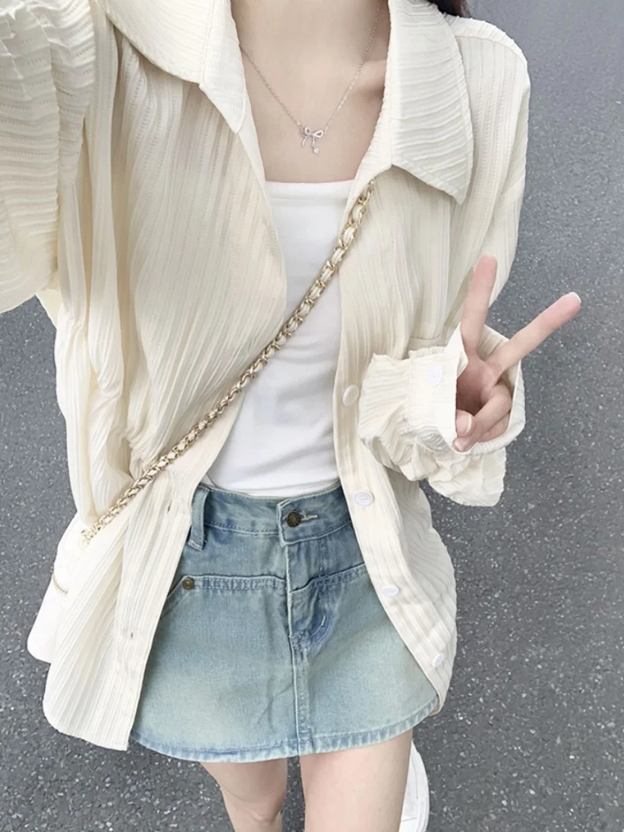 

Women's Winter Thin irt Outerwear Sun Protection Open Cardigan Korean Sle Commute Wind Loose Fit Long Sve Pure Color