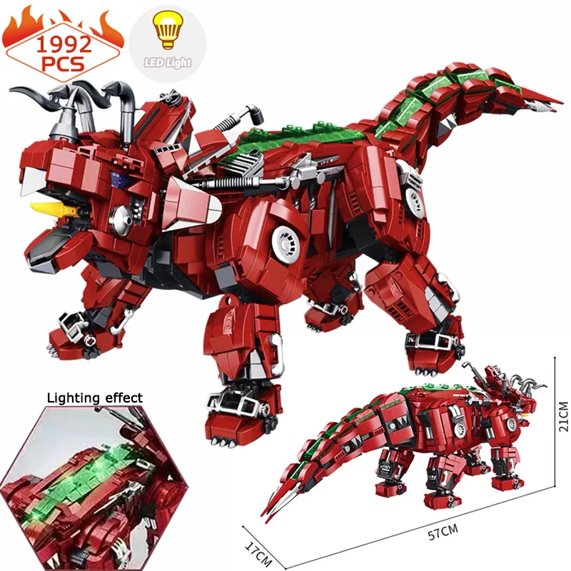 Creative Jurassic Park World Mechanical Tyrannosaurus Rex Building Blocks MOC T-rex Triceratops Model With Lights Bricks Toys