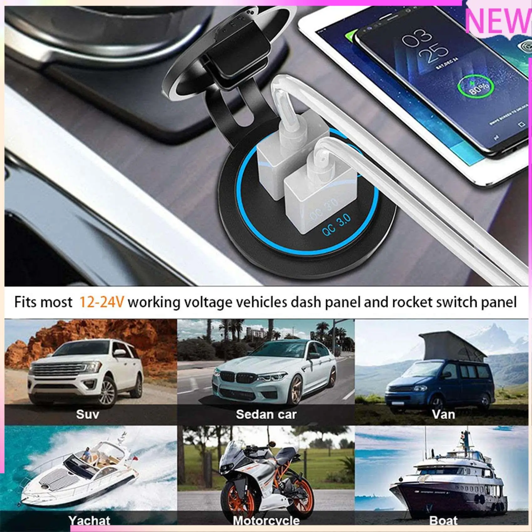 

B27B QC3.0 Автомобильное зарядное устройство с разъемом быстрой зарядки, двойной USB 12 В-24 В-прикуриватель с сенсорным переключателем для зарядки телефона Ipad