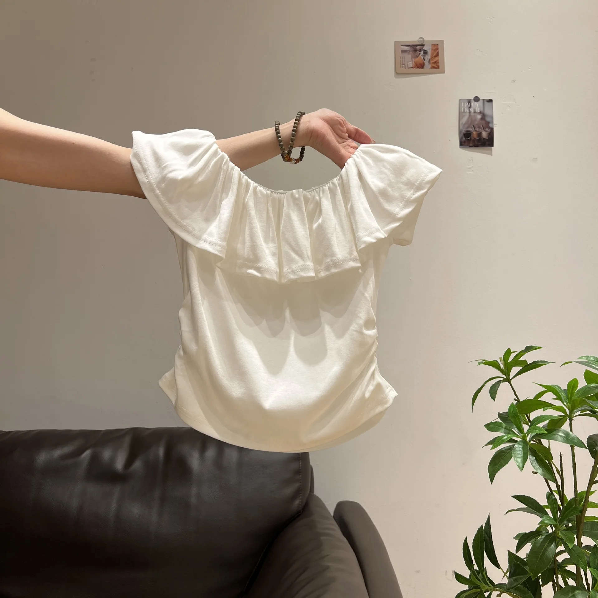 

Lotus Leaf Edge One Neck Off Shoulder Short Sleeved T-Shirt For Women In Summer, New Pleated Waist Slimming Top