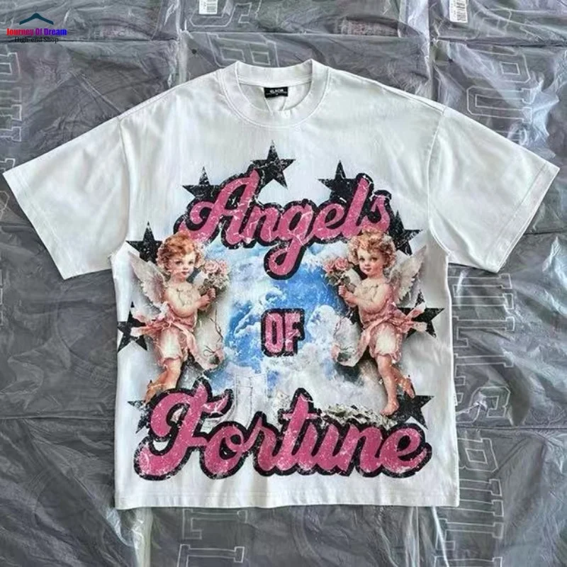 

25SS Fashion Angel Dream Letter Oil Painting T-shirt Industrial Washed Men's Women's Loose Short-sleeved T-shirt Tops