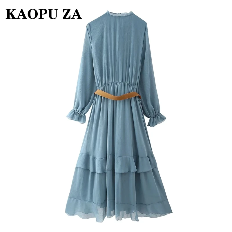 KAOPU ZA Woman's 2024 New Autumn Fashion Ruffles Solid Color Lace Dress Top Female Casual belt Long Sleeve V-Collar A-lineskirt